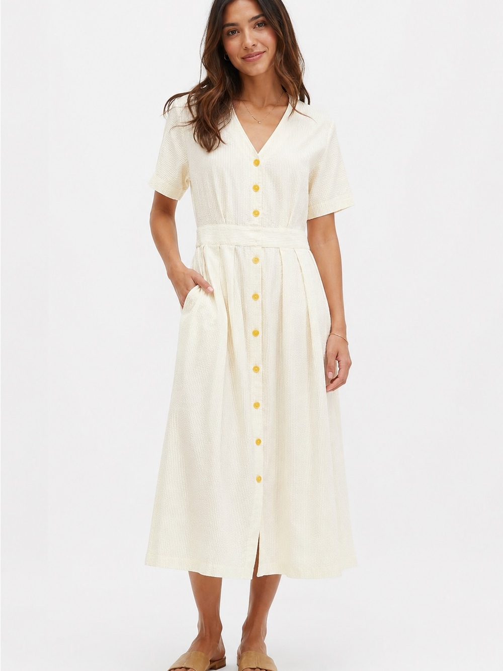 Vintage Yellow & White Seersucker Midi Dress Cottagecore Button Front Pockets M - Picture 1 of 9